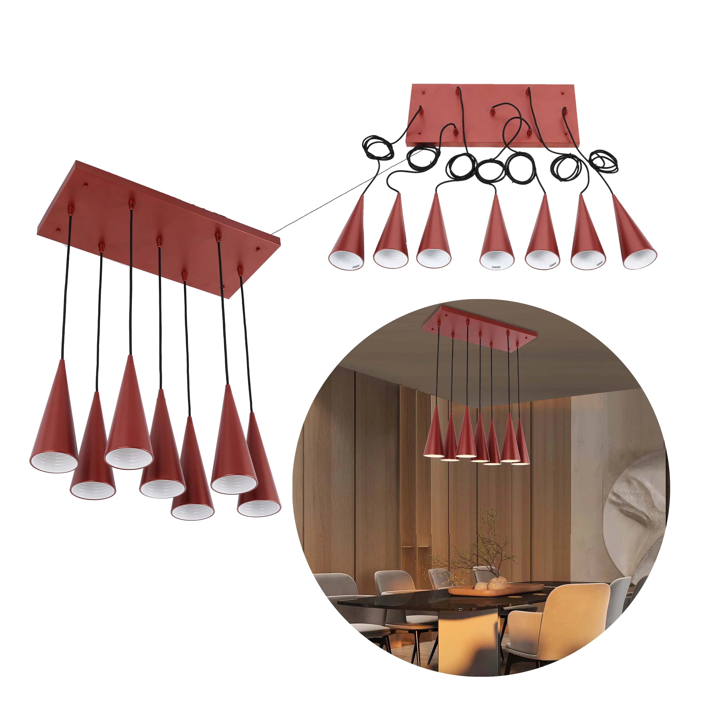 Lámpara colgante de cono con 6 luces - Casquillos E27, placa rectangular, regulable