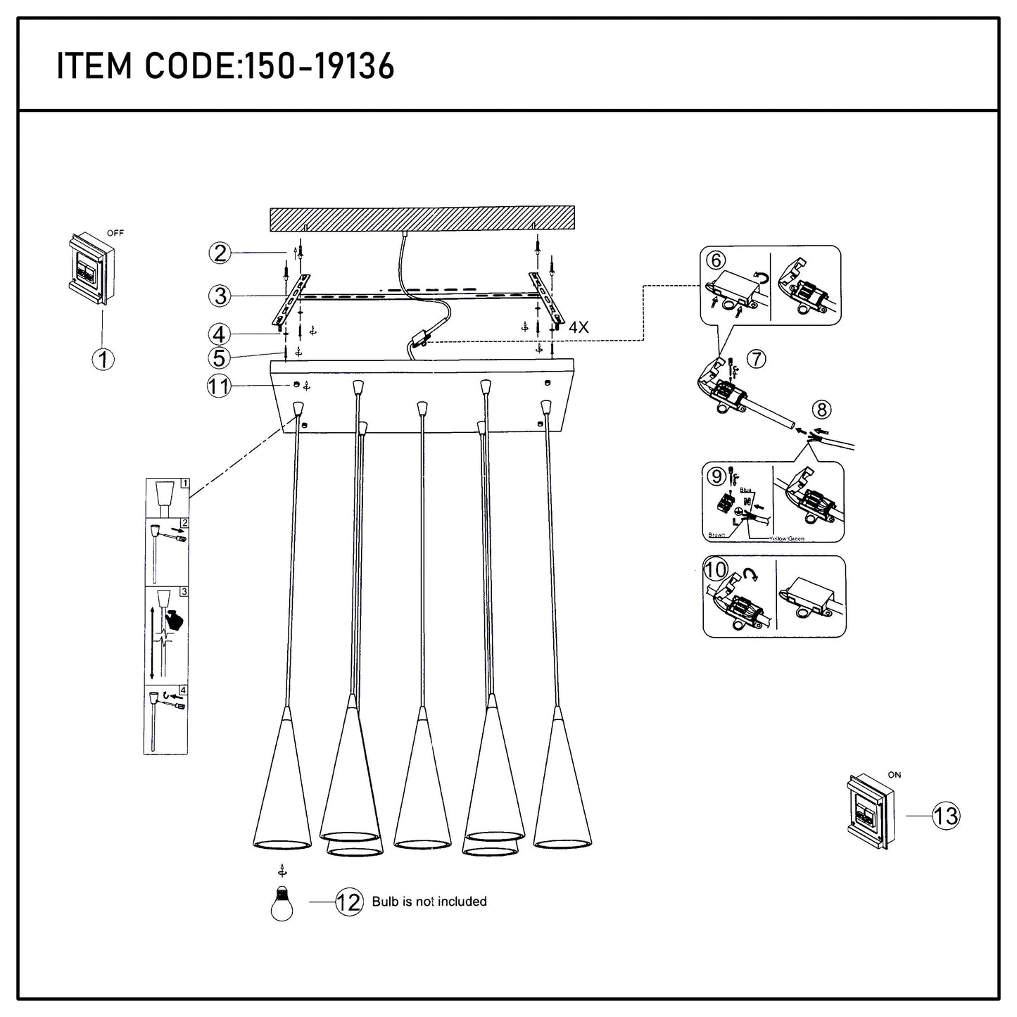 Lámpara colgante de cono con 6 luces - Casquillos E27, placa rectangular, regulable