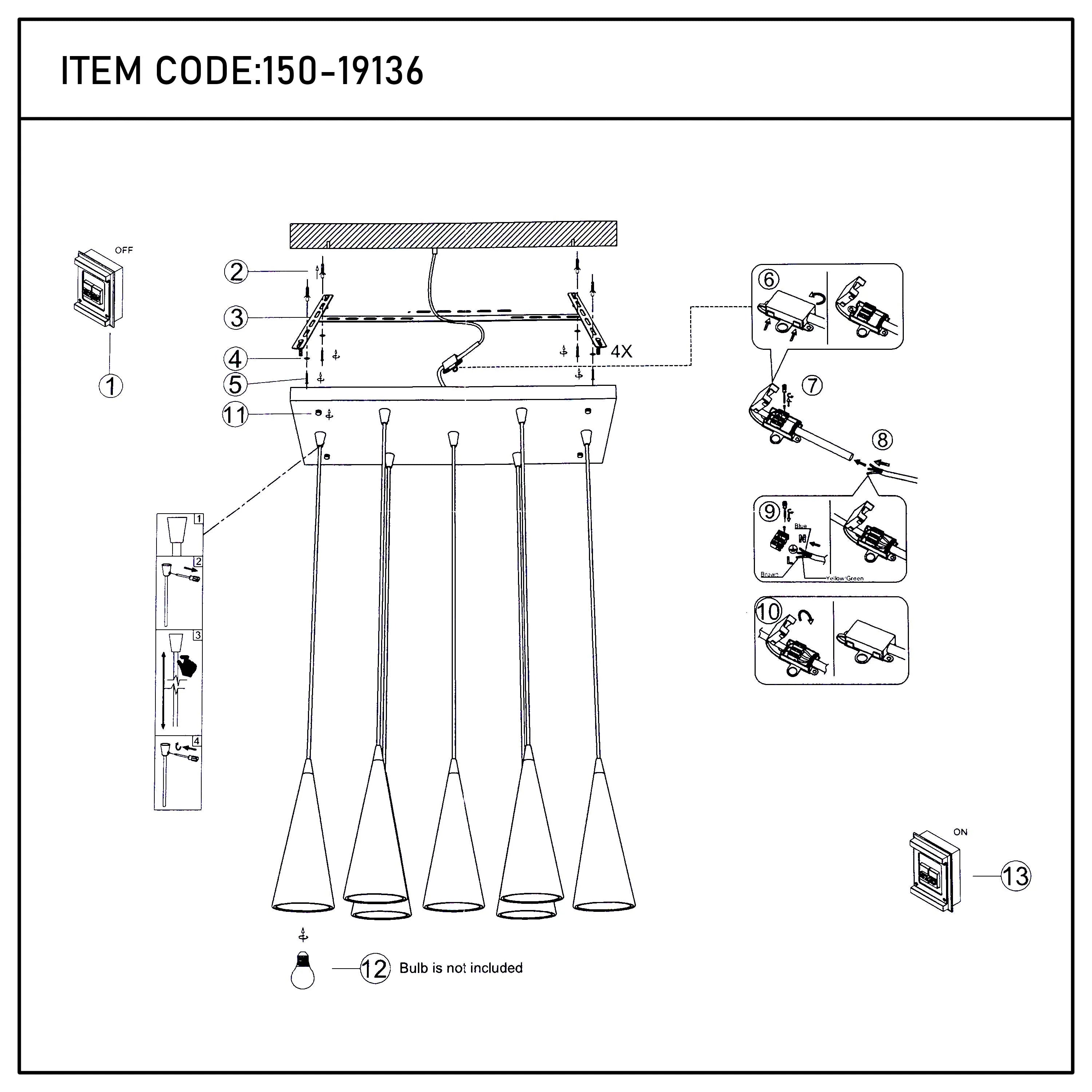 Lámpara colgante de cono con 6 luces - Casquillos E27, placa rectangular, regulable