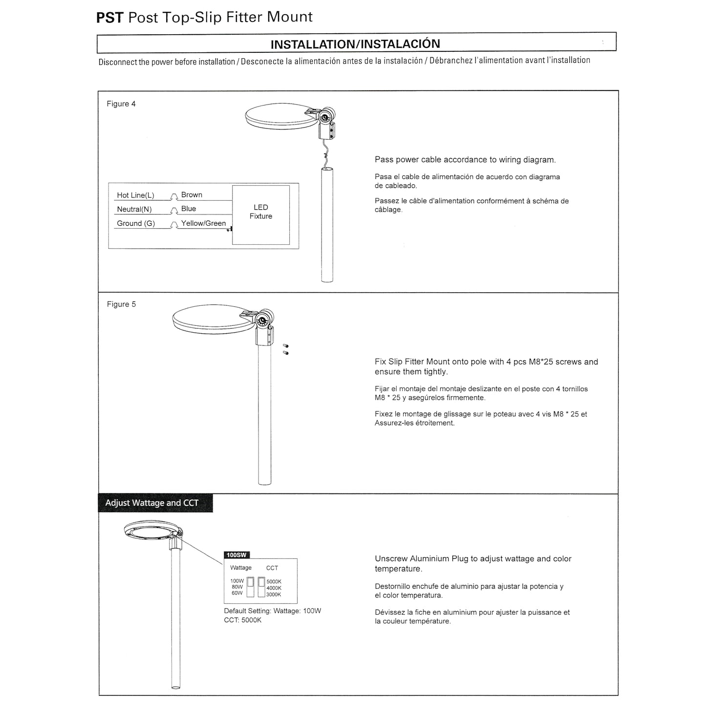 Aplique LED para poste y pared de exteriores, seleccionable entre 60W, 80W y 100W, con 3 temperaturas de color.