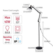 Lámpara de pie ajustable con brazo extensible y pantalla de acero - Portalámparas E27, regulable