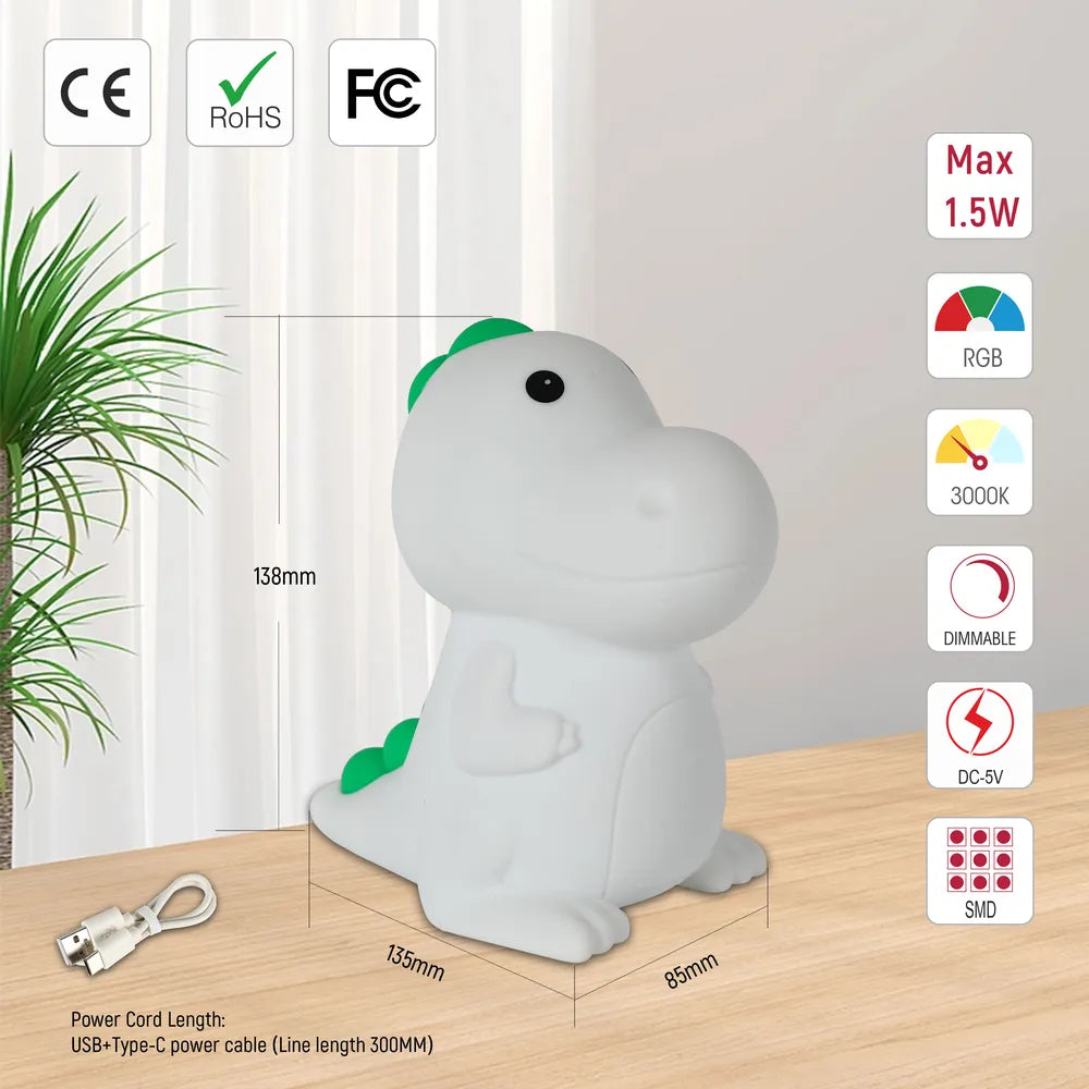 Tamaño y especificaciones técnicas de la Adorable Lámpara Nocturna LED Recargable con Temporizador y Opciones de Cambio de Color-130-03776