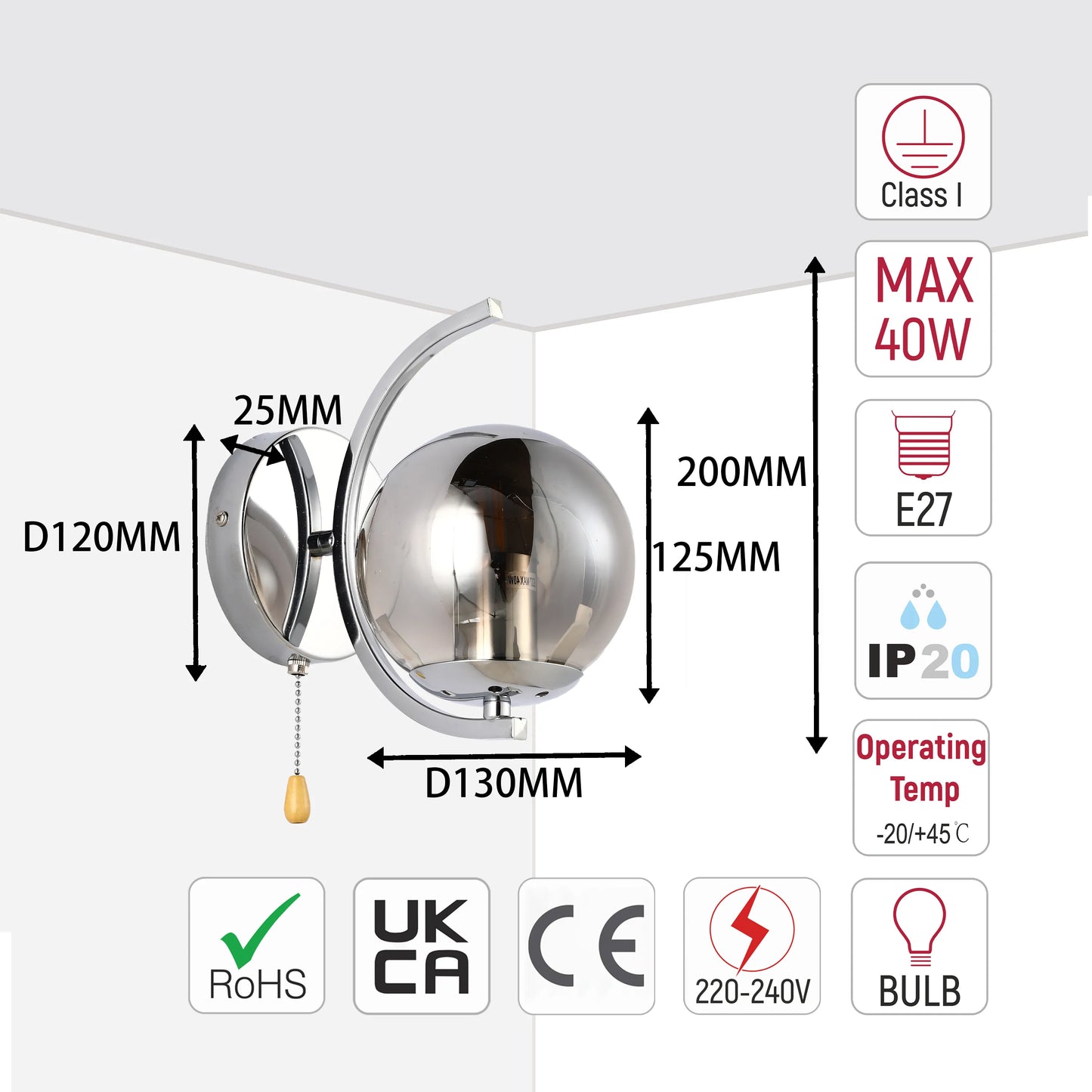 Aplique de Pared Moderno con Globo de Vidrio, Cuerpo Metálico Dorado y Cromado en Forma de Media Luna, Portalámparas E27