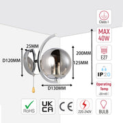 Aplique de Pared Moderno con Globo de Vidrio, Cuerpo Metálico Dorado y Cromado en Forma de Media Luna, Portalámparas E27