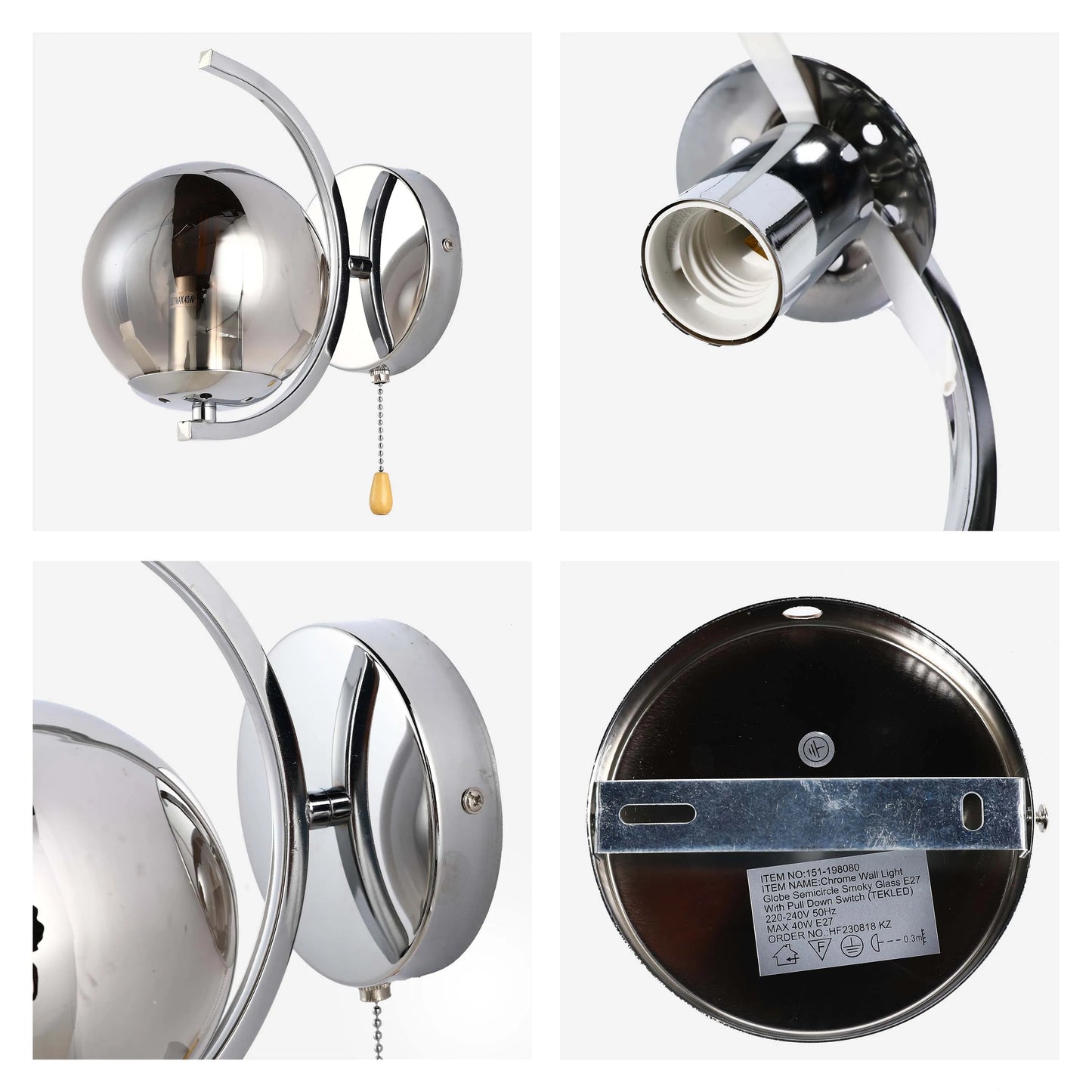 Aplique de Pared Moderno con Globo de Vidrio, Cuerpo Metálico Dorado y Cromado en Forma de Media Luna, Portalámparas E27