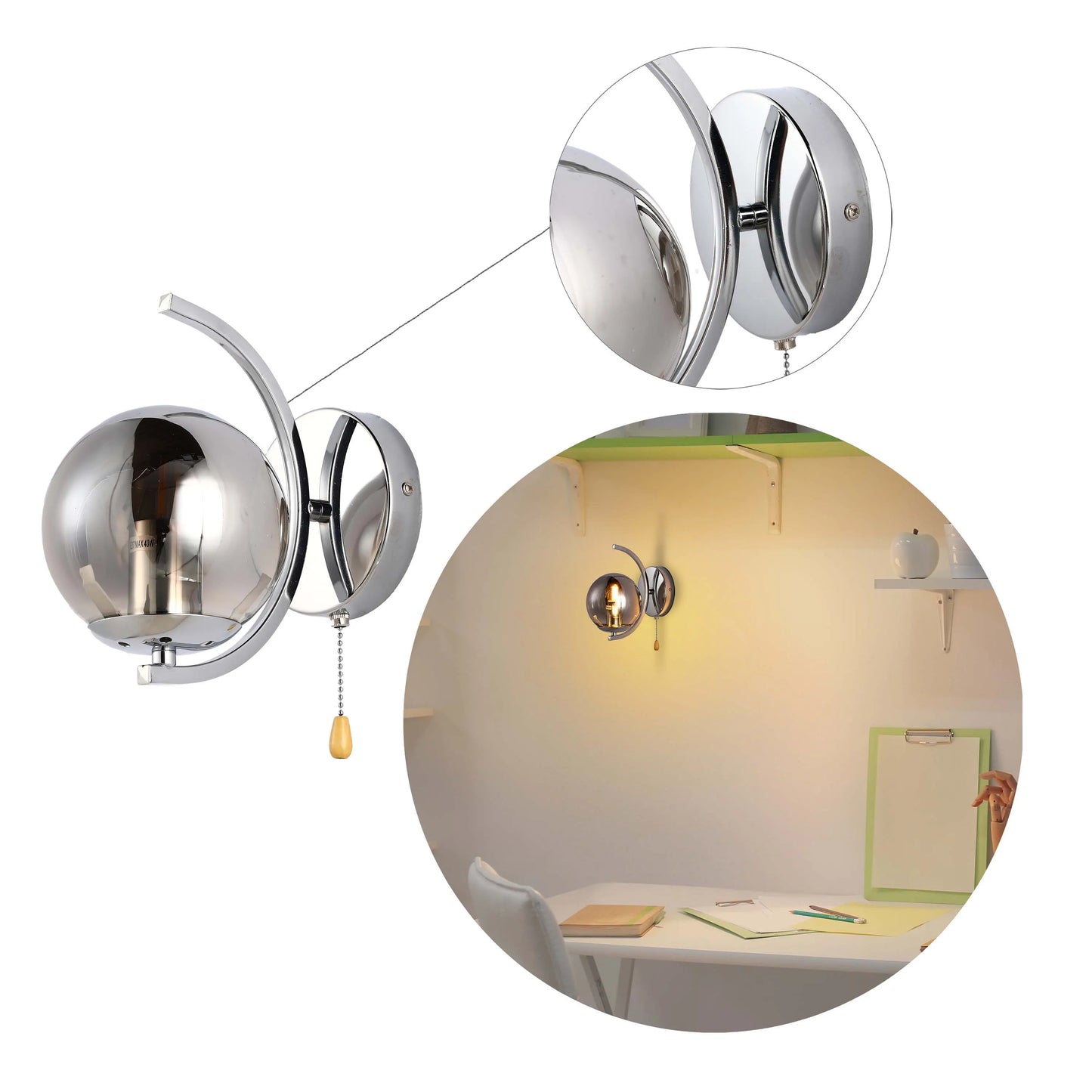 Aplique de Pared Moderno con Globo de Vidrio, Cuerpo Metálico Dorado y Cromado en Forma de Media Luna, Portalámparas E27