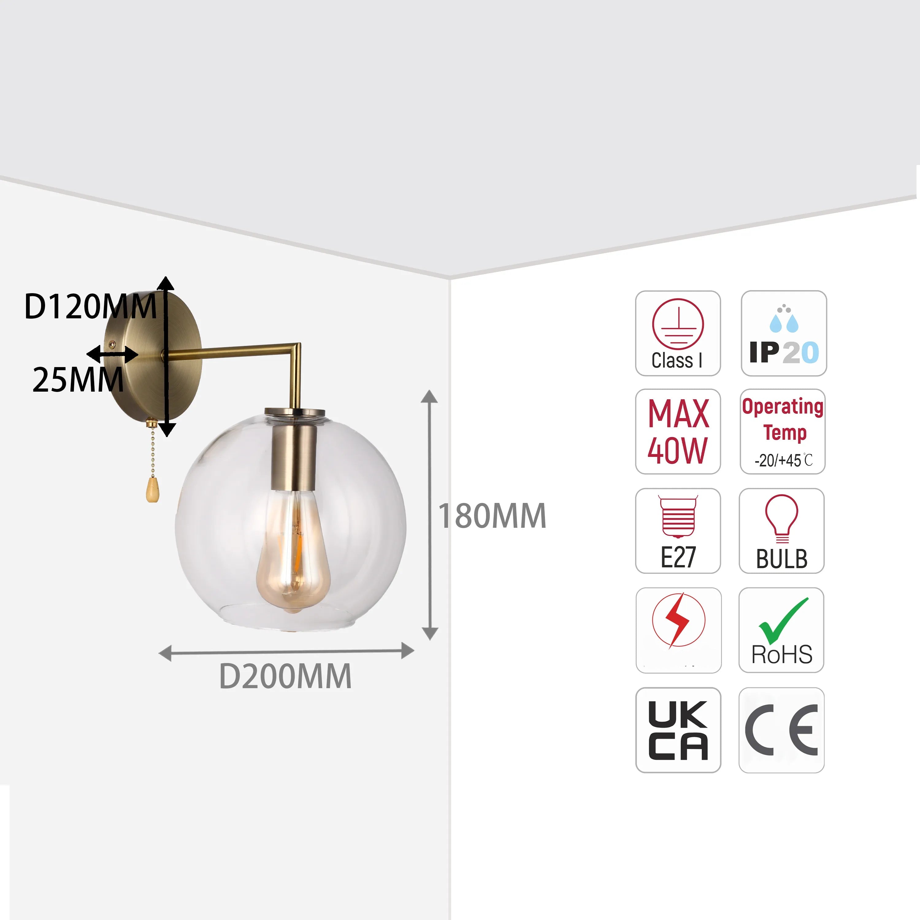 Lámpara de pared de vidrio transparente y latón antiguo con cadena de tracción
