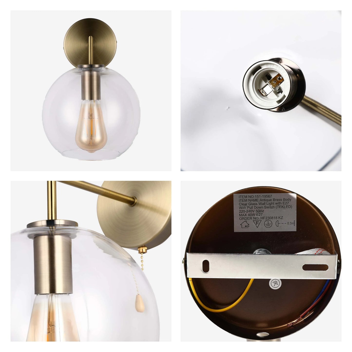 Lámpara de pared de vidrio transparente y latón antiguo con cadena de tracción