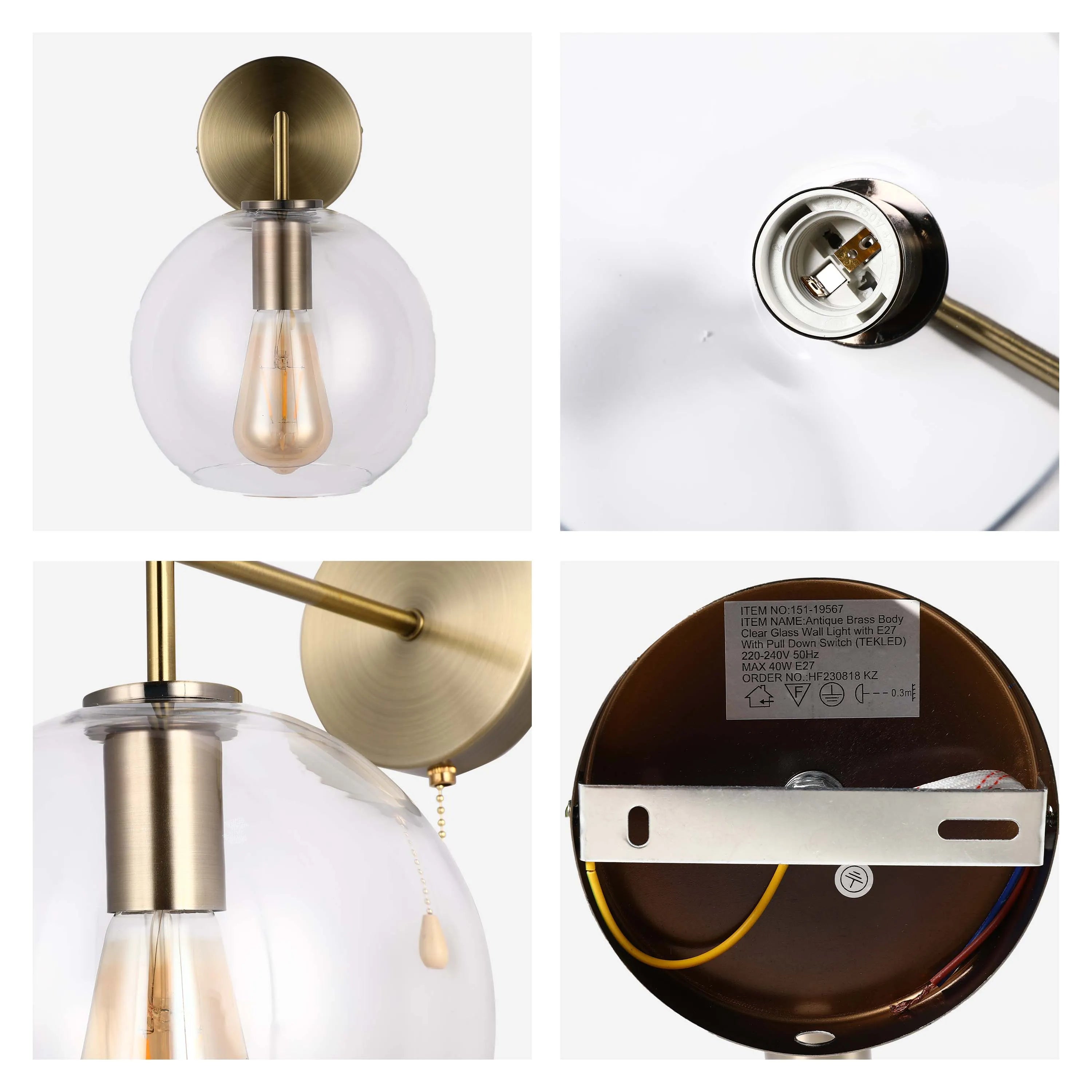Lámpara de pared de vidrio transparente y latón antiguo con cadena de tracción