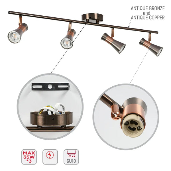 Detalles de los Focos de Carril Ajustables en Bronce Antiguo y Cobre-172-03141