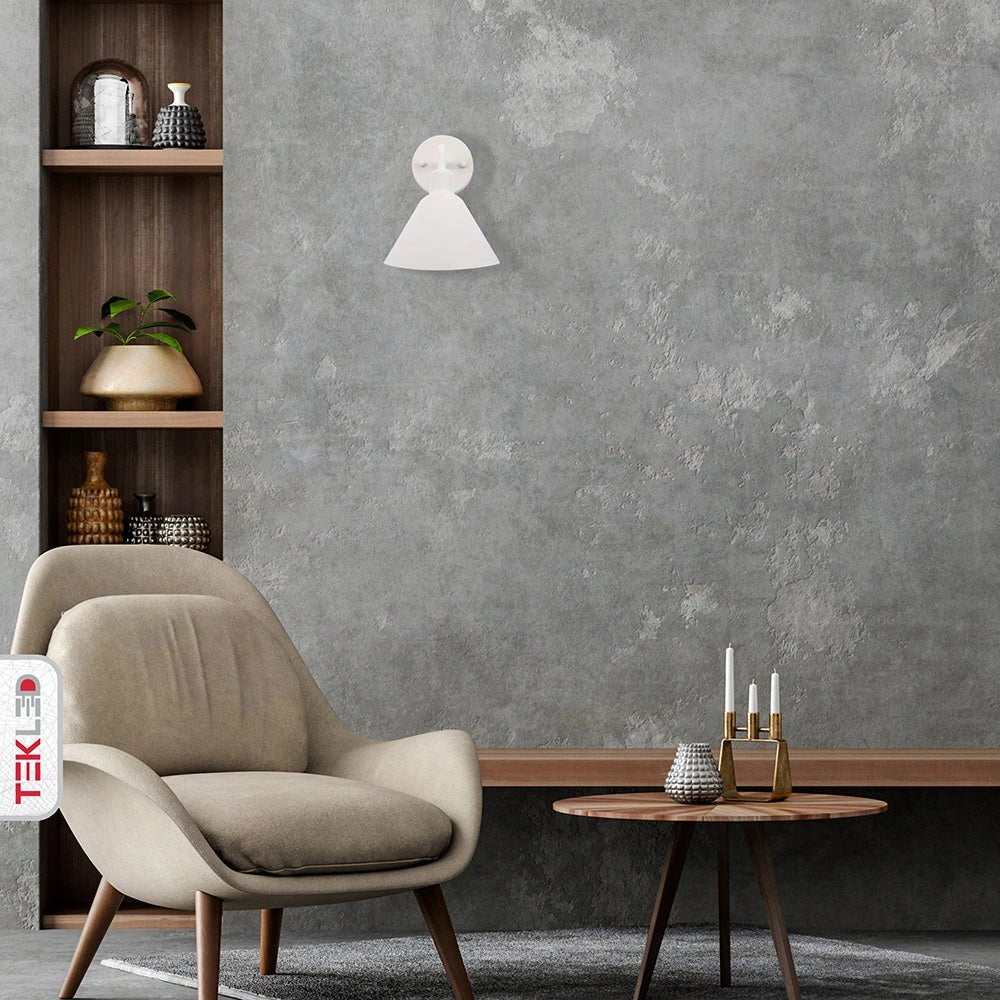 Indoor setting of Matte White Cone Wall Light with E27 Fitting