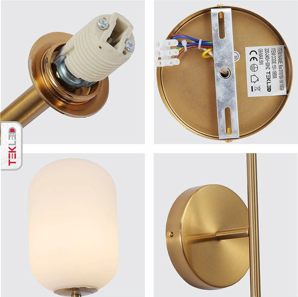 Detailed photo of Gold Aluminium Bronze Metal Opal Glass Cylinder Wall Light with G9 Fitting