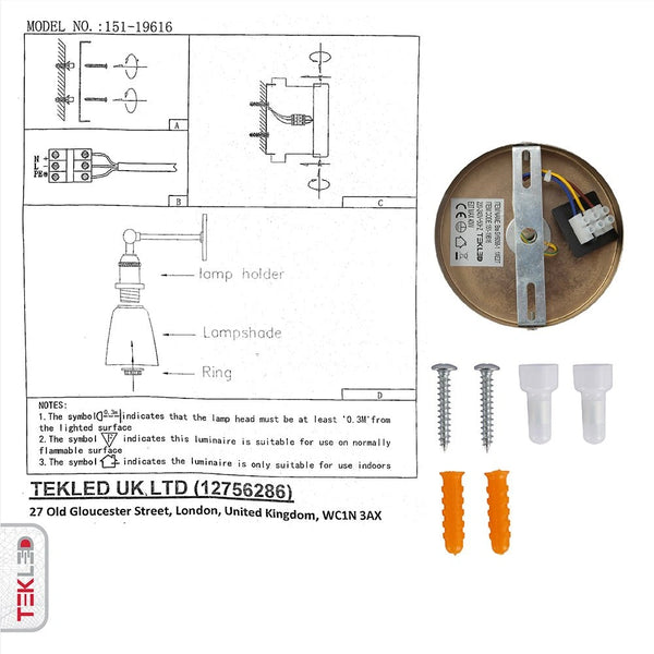 User manual and installation tools of Antique Brass Metal Hinged Clear Glass Cone Wall Light with E27 Fitting