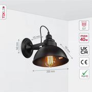 Technical specs and measurements for Black Metal Hinged Dome Wall Light with E27 Fitting