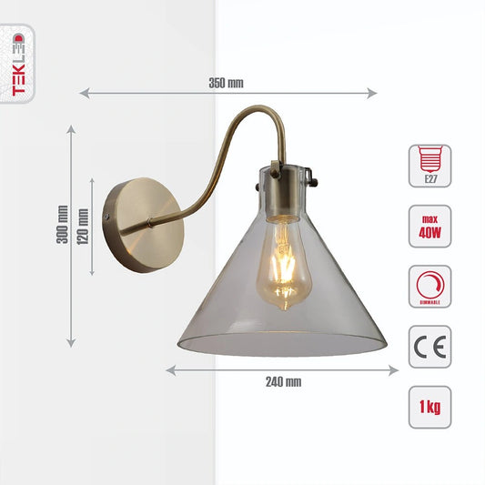 Tehcnical specifications and dimensions of Antique Brass Metal Clear Glass Funnel Wall Light with E27 Fitting