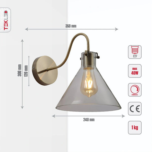 Tehcnical specifications and dimensions of Antique Brass Metal Clear Glass Funnel Wall Light with E27 Fitting