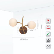 Product dimensions of Gold Aluminium Bronze Metal Opal Glass Globe Wall Light with G9 Fitting double lamp