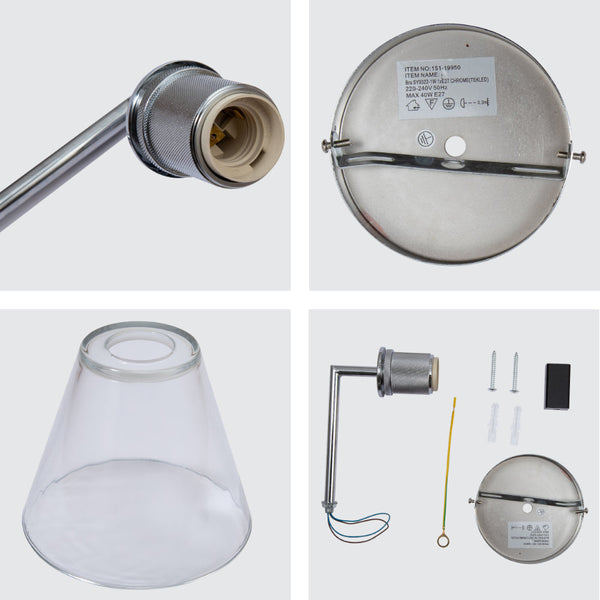 Details of chrome finish Simple Elegance Sconce Clear Glass Funnel Globe Wall Light