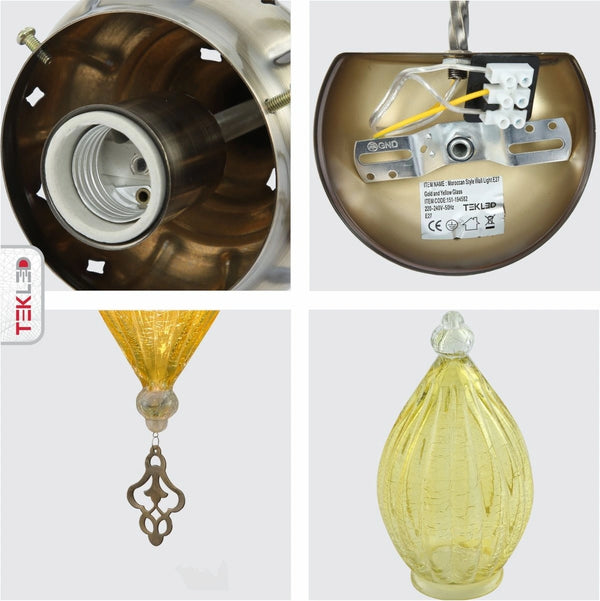 Detailed shots of Yellow Glass Antique Bronze Metal Body Moroccan Style Wall Light with E27 Fitting | TEKLED 151-194582