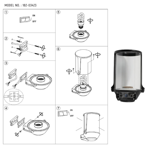 Dibujo técnico de un aplique de pared vintage negro, ideal para exteriores, con certificación IP54 y medidas detalladas para instalación.