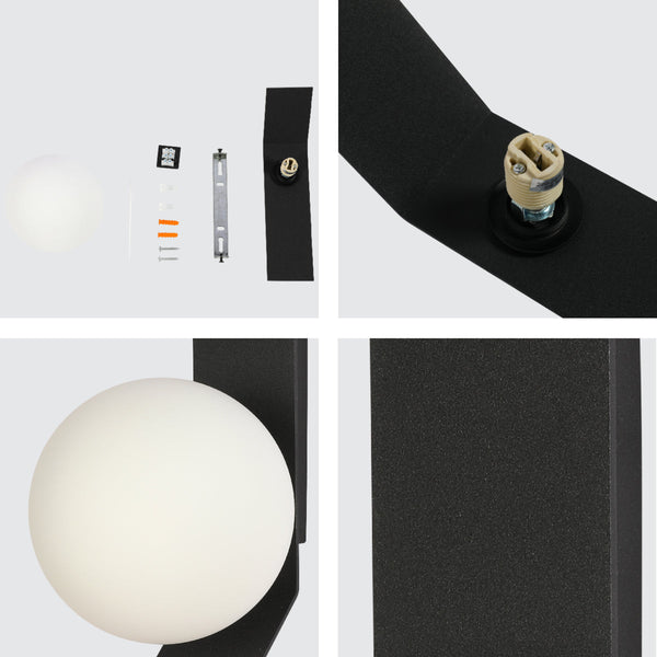 Detalle cercano de un aplique de pared ajuste moderno en forma de globo, ideal para decoraciones contemporáneas en salas o pasillos.