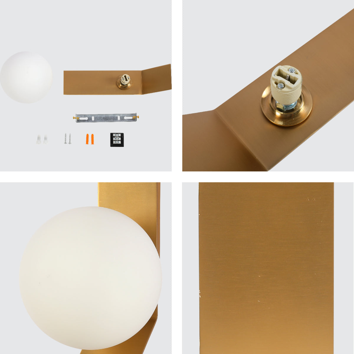 Primer plano de un aplique de pared de diseño contemporáneo con esfera ajustable, ideal para espacios modernos y sofisticados.