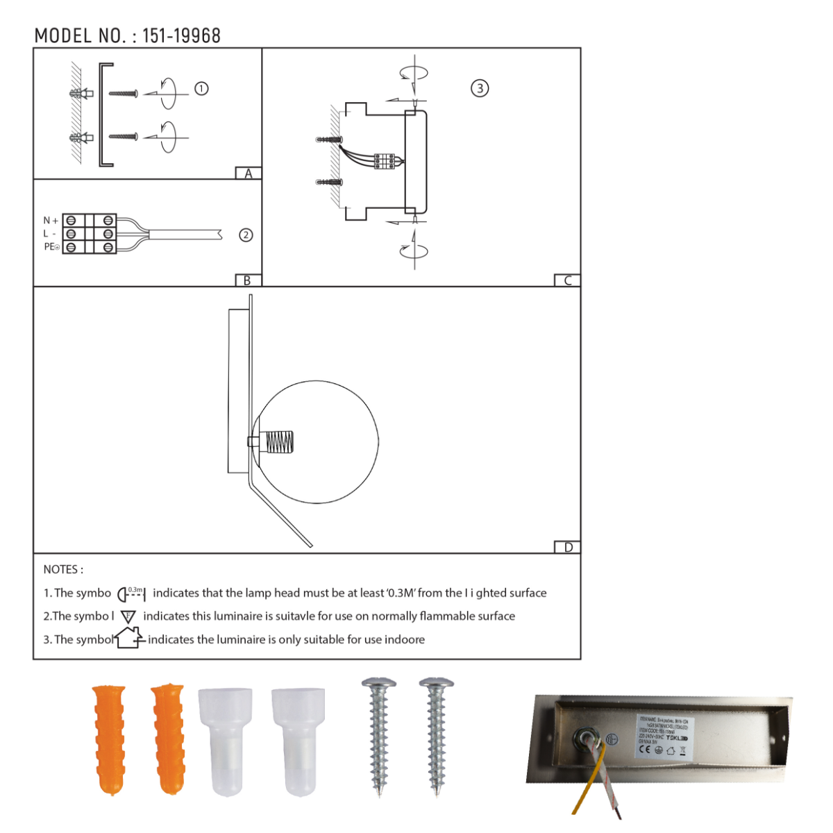 Dibujo técnico de un aplique de pared ajustable con diseño de globo, ideal para espacios modernos como salas y oficinas.