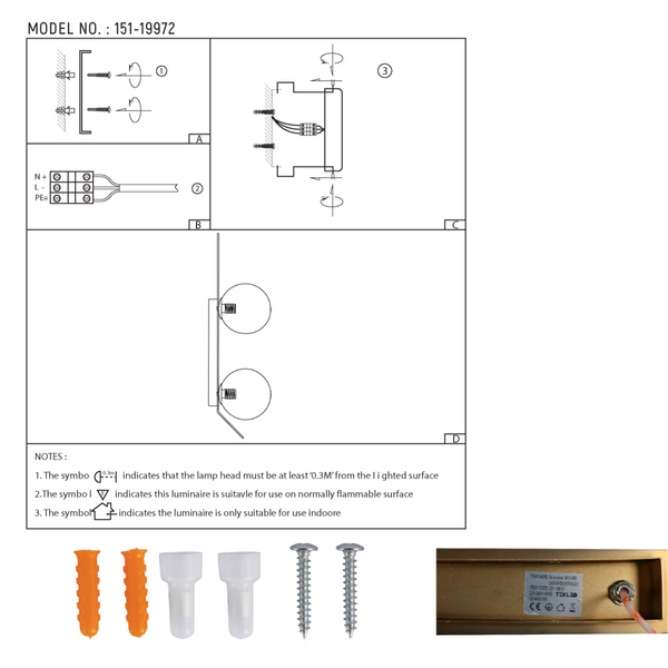 Dibujo técnico de aplique de pared esférico ajustable, ideal para salones modernos, mostrando dimensiones y especificaciones de instalación.