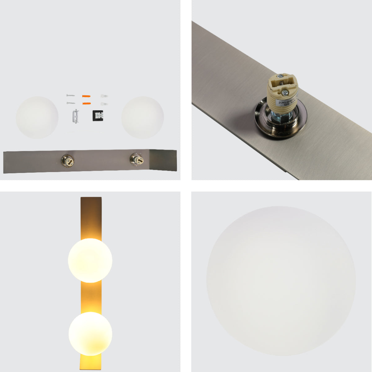 Detalle de la lámpara de pared esférica ajustable, perfecta para iluminar salones modernos con un toque elegante y contemporáneo.