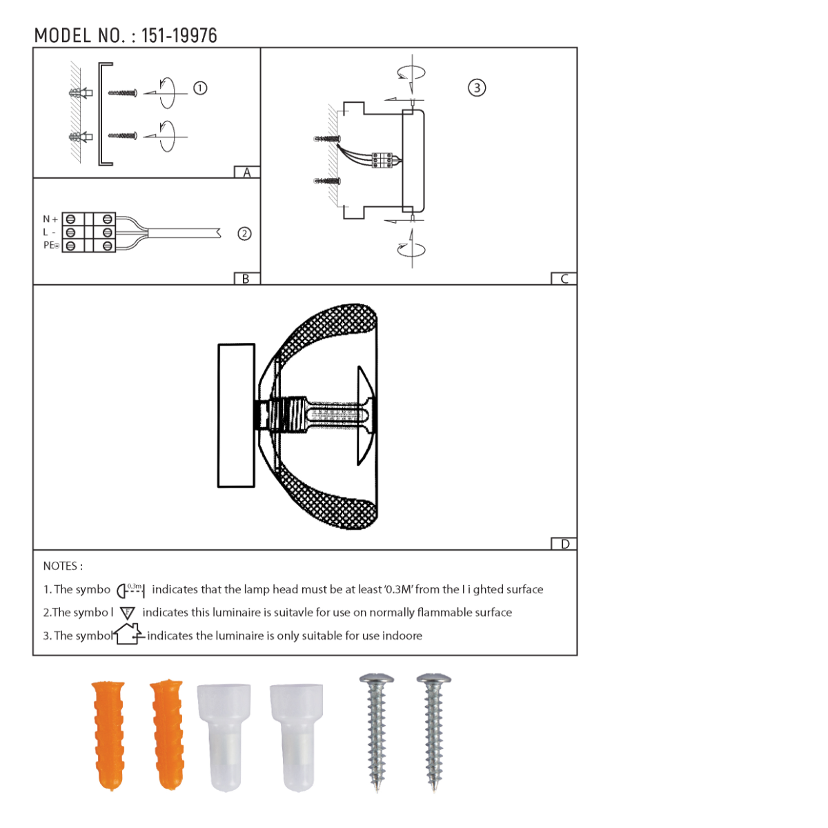 Dibujo técnico de un aplique de pared industrial, mostrando dimensiones y detalles de instalación para un estilo moderno.