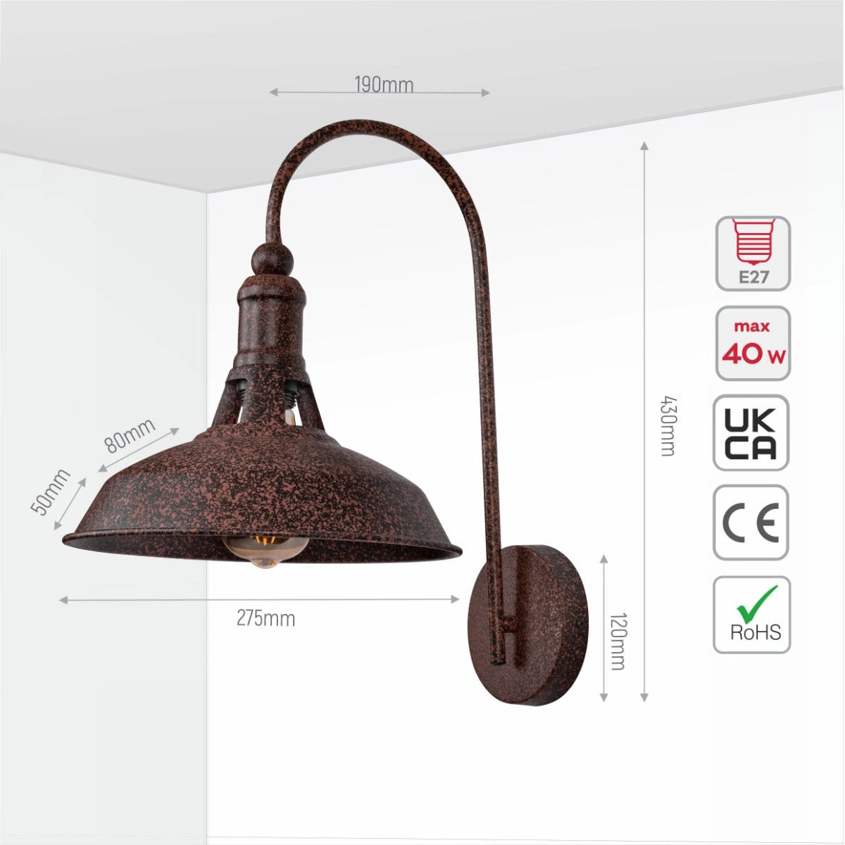 Size and specs of Rusty Brown Metal Flat Step Downward Industrial Retro Wall Light with E27 Fitting | TEKLED 151-19590