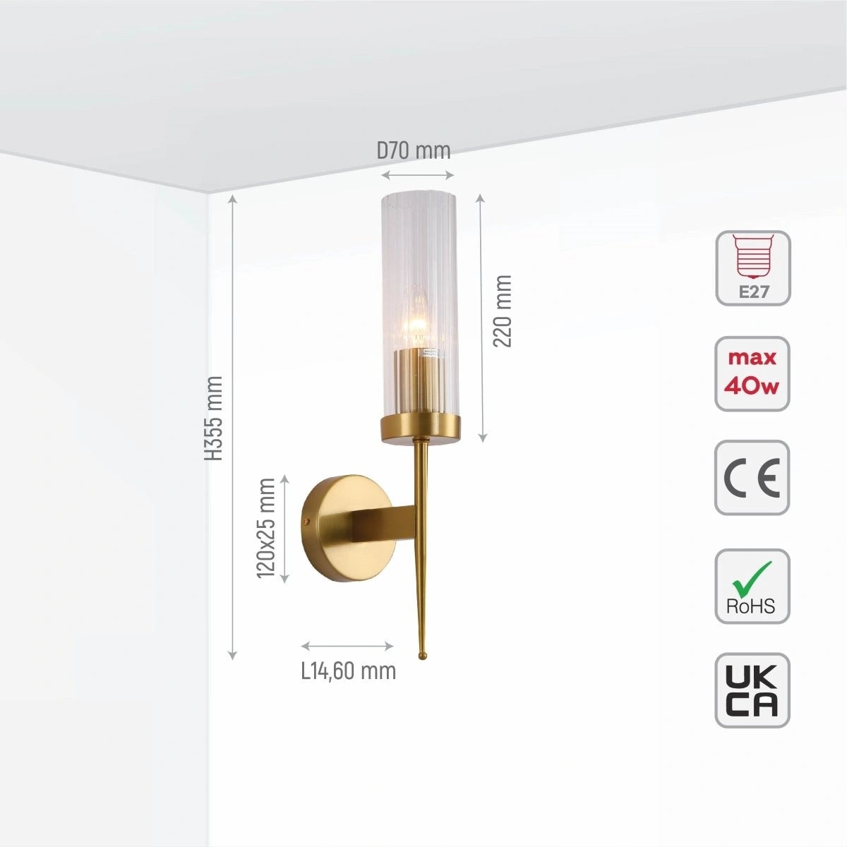 Product dimensions of Gold Aluminium Bronze Cylinder Clear Reeded Glass Joseph Fonteyn Fluted Wall Light E27