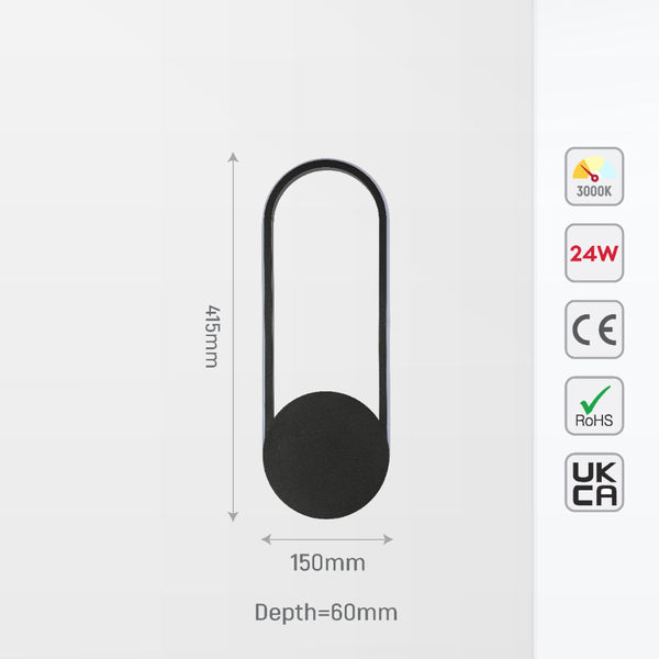Aplique de pared LED negro en forma de elipse, perfecto para interiores modernos, ideal en salas de estar o pasillos.