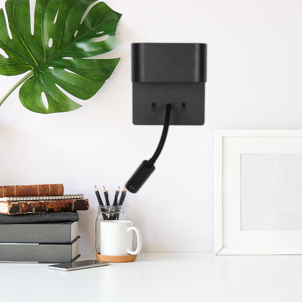 Aplique de pared LED con cuello de ganso ajustable, ideal para dormitorio moderno y lectura junto a la cama.