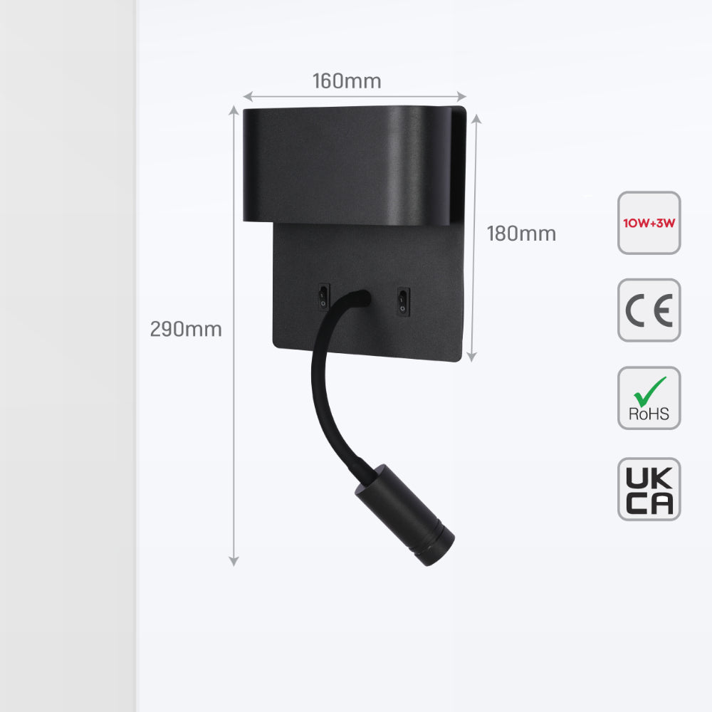 Aplique de pared LED de doble fuente con lámpara de lectura ajustable, ideal para habitaciones modernas y estudios.