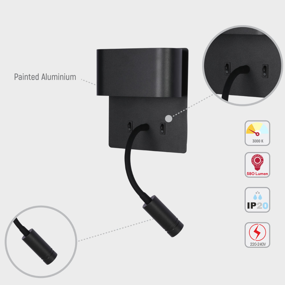 Aplique de pared LED de doble fuente con lampara de lectura flexible, ideal para dormitorios modernos y espacios de lectura acogedores.