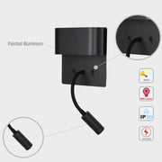 Aplique de pared LED de doble fuente con lampara de lectura flexible, ideal para dormitorios modernos y espacios de lectura acogedores.