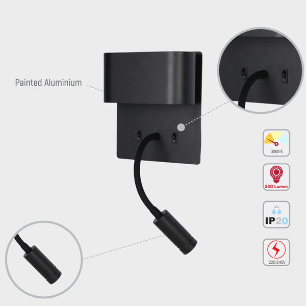 Aplique de pared LED de doble fuente con lampara de lectura flexible, ideal para dormitorios modernos y espacios de lectura acogedores.