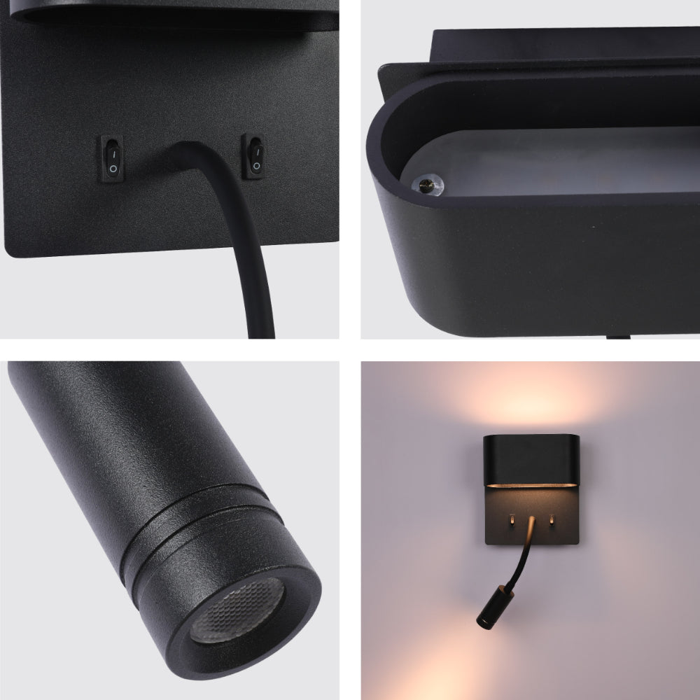 Aplique de pared LED de doble fuente con lámpara de lectura ajustable, ideal para dormitorios con decoración moderna y funcional.
