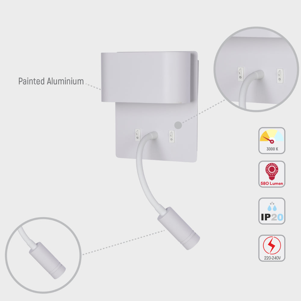 Aplique de pared LED de doble fuente con lámpara de lectura ajustable, ideal para dormitorios con estilo moderno y funcional.