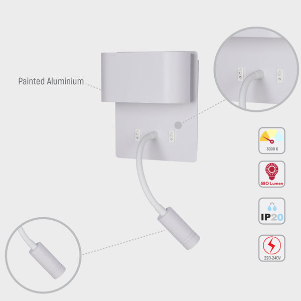 Aplique de pared LED de doble fuente con lámpara de lectura ajustable, ideal para dormitorios con estilo moderno y funcional.