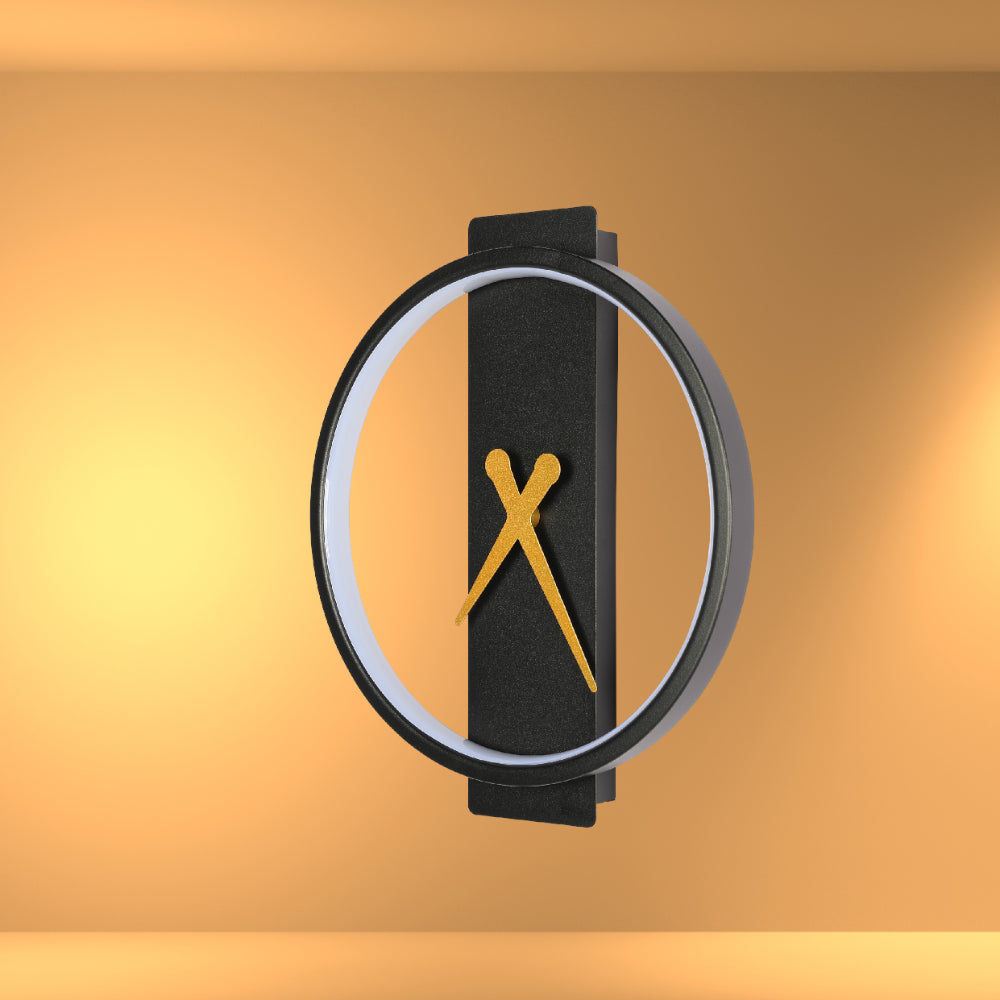 Aplique de pared LED en forma de reloj de sol negro, ideal para interiores contemporáneos. Perfecto para iluminar entradas y pasillos.