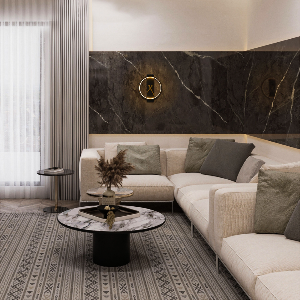 Aplique de pared LED en forma de reloj de sol, ideal para espacios exteriores con decoración moderna.