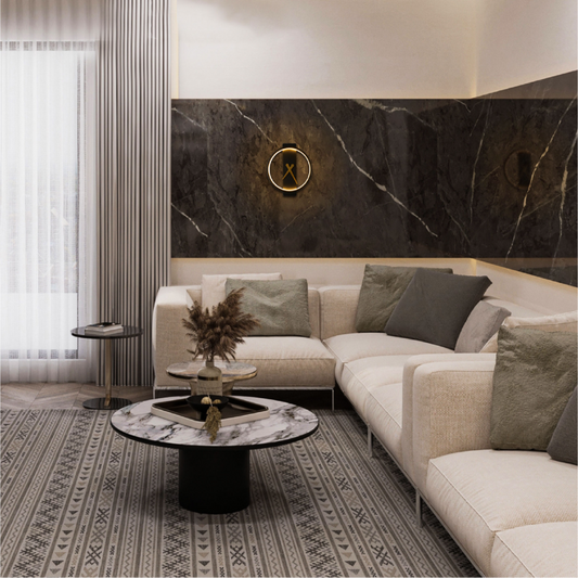 Aplique de pared LED en forma de reloj de sol, ideal para espacios exteriores con decoración moderna.
