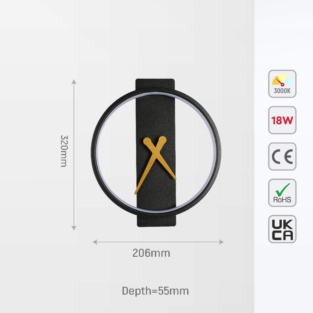 Aplique de pared LED en forma de reloj de sol, ideal para espacios modernos y elegantes, proporcionando iluminación cálida de 3000K.