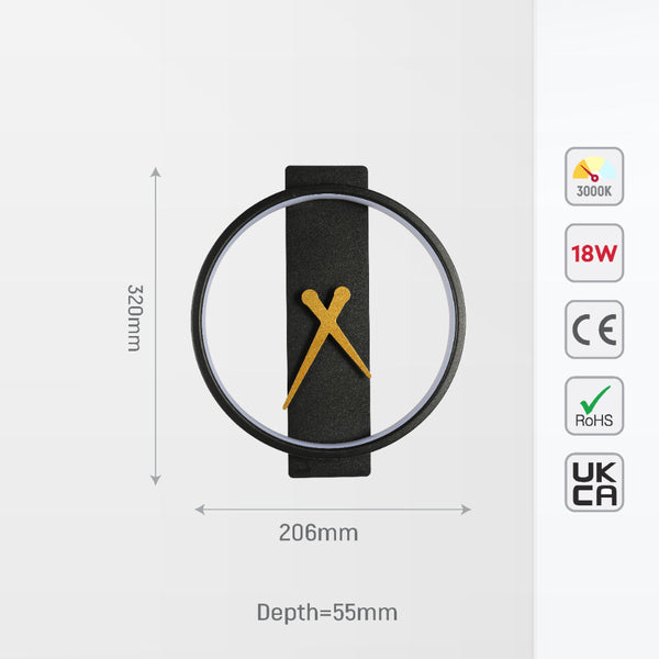 Aplique de pared LED en forma de reloj de sol, ideal para espacios modernos y elegantes, proporcionando iluminación cálida de 3000K.