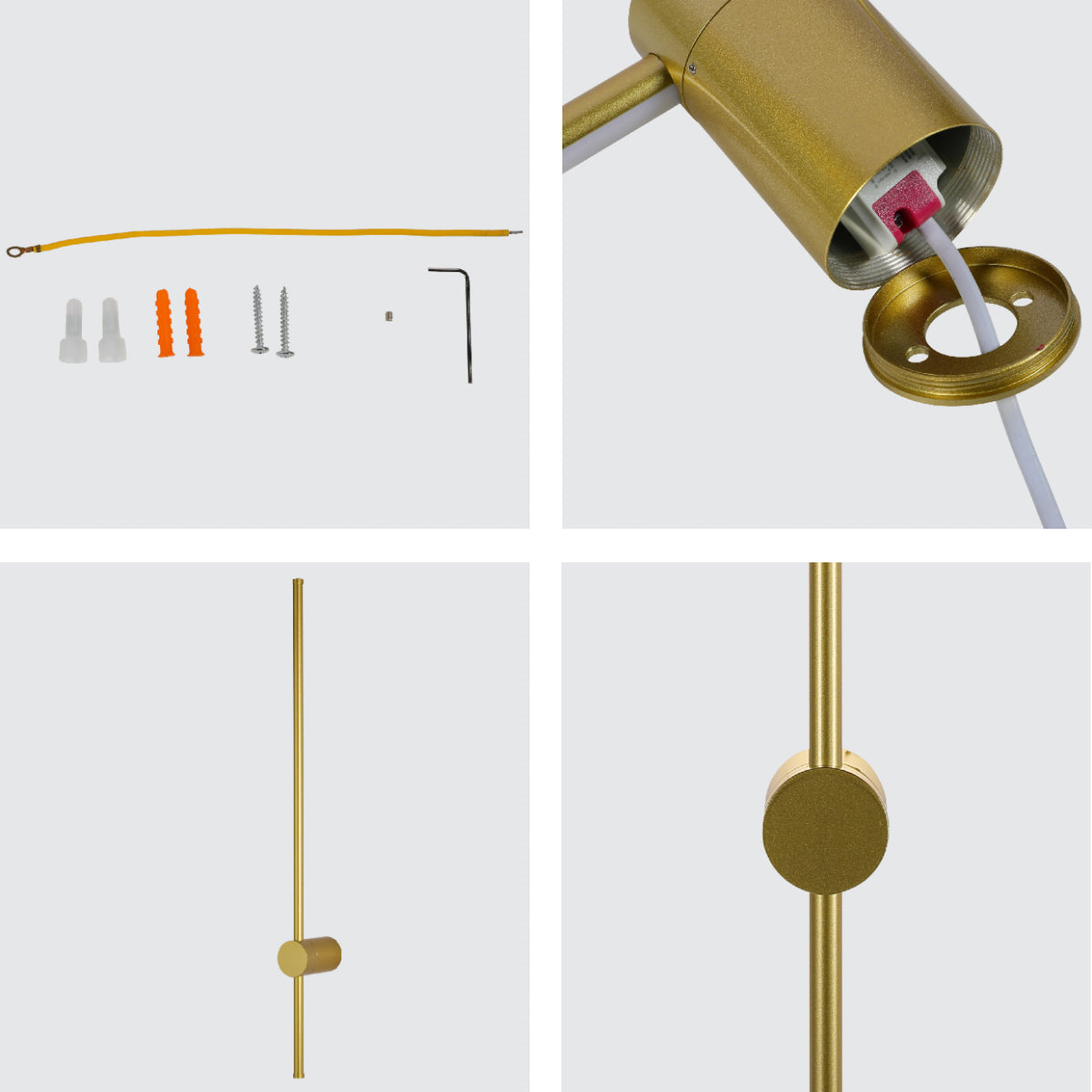 Primer plano de un aplique lineal minimalista en metal, ideal para pasillos en decoración moderna.