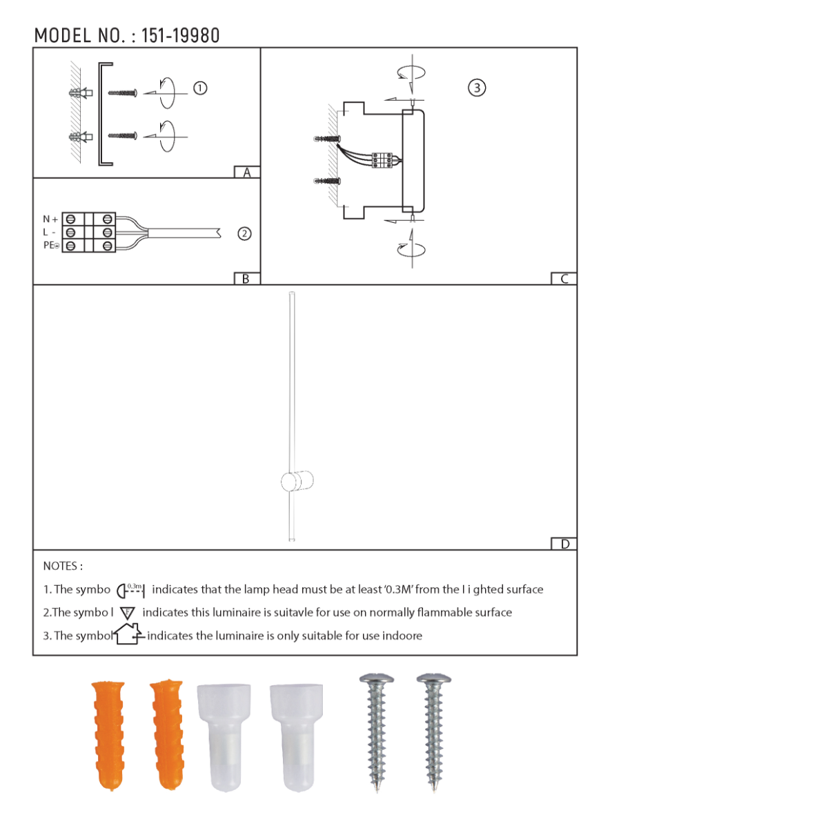 Dibujo técnico de aplique de pared lineal minimalista, mostrando dimensiones y especificaciones de instalación para espacios modernos.