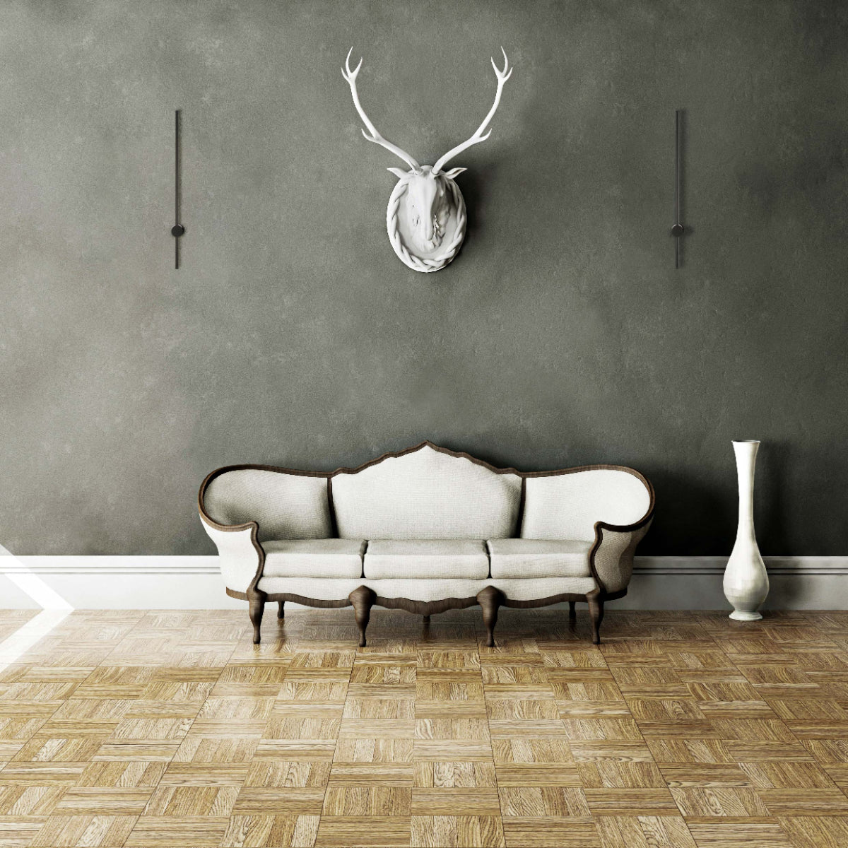 Aplique de pared lineal minimalista iluminando una sala de estar moderna, ideal para decoración contemporánea y ambientes elegantes.