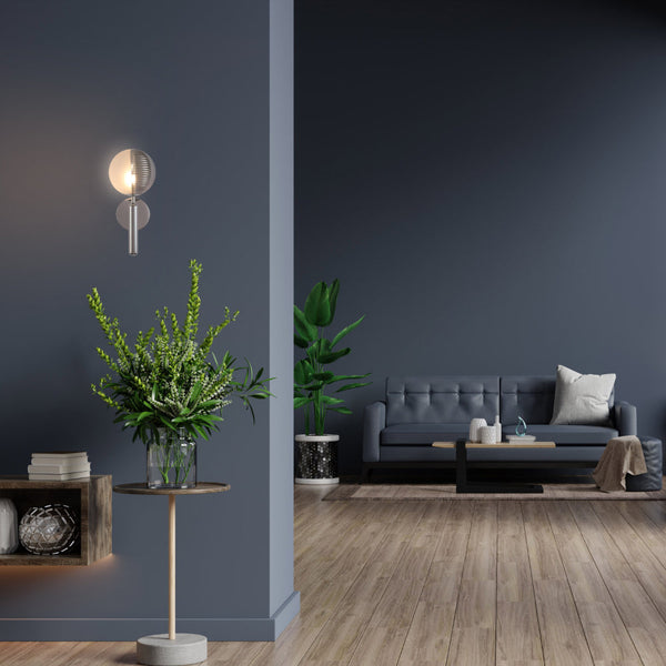 Chrome Striped Reeded Glass Wall Light in action in Living room